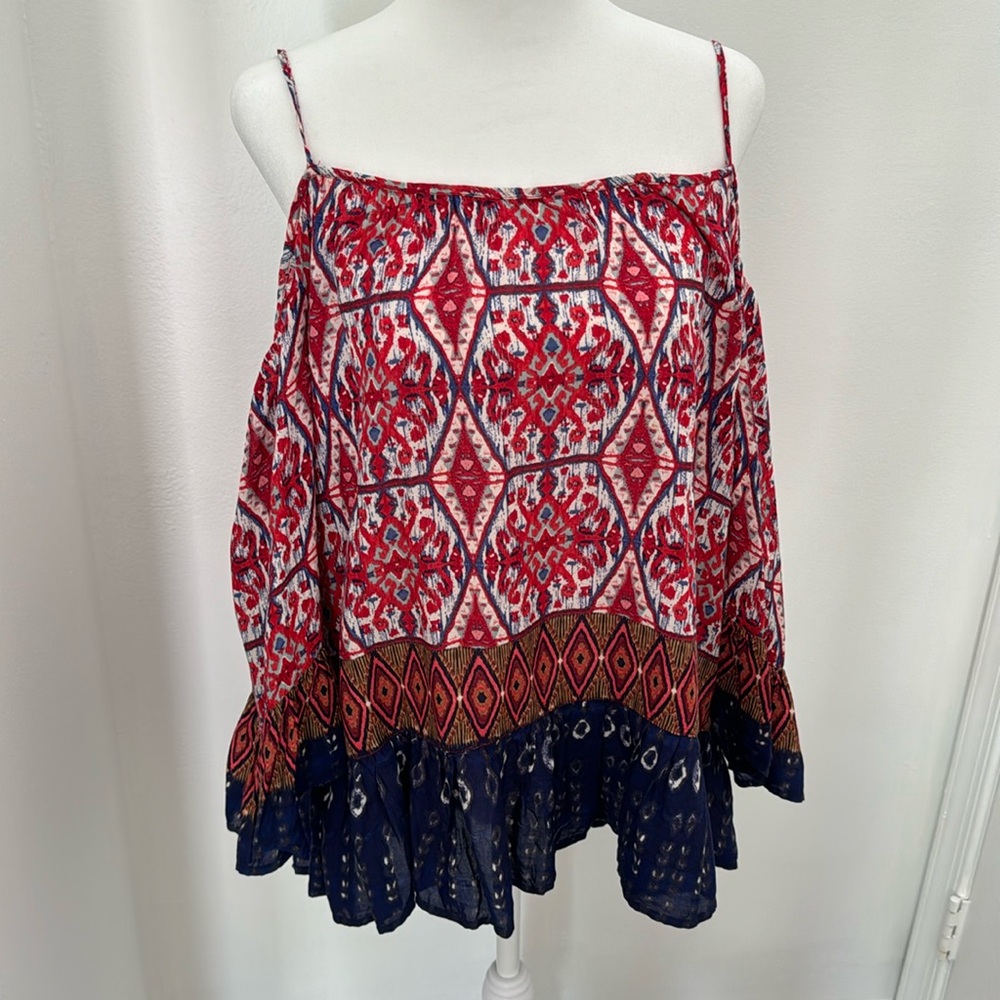 Boho adjustable strap, cold shoulder, red, white, and blue top medium